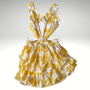 Luxxel Yellow Floral Cutout Dress – Lace Up Back, Ring Detail, Size Small